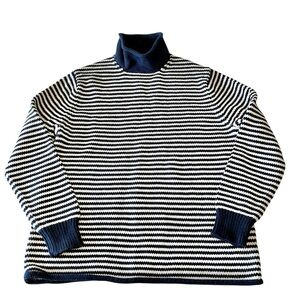 J Crew Women’s 100% Cotton Rolled Turtleneck Navy White Striped Sz Medium